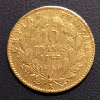 pièce de monnaie en or 10 francs Napoléon III Tête laurée 1868 A rever
