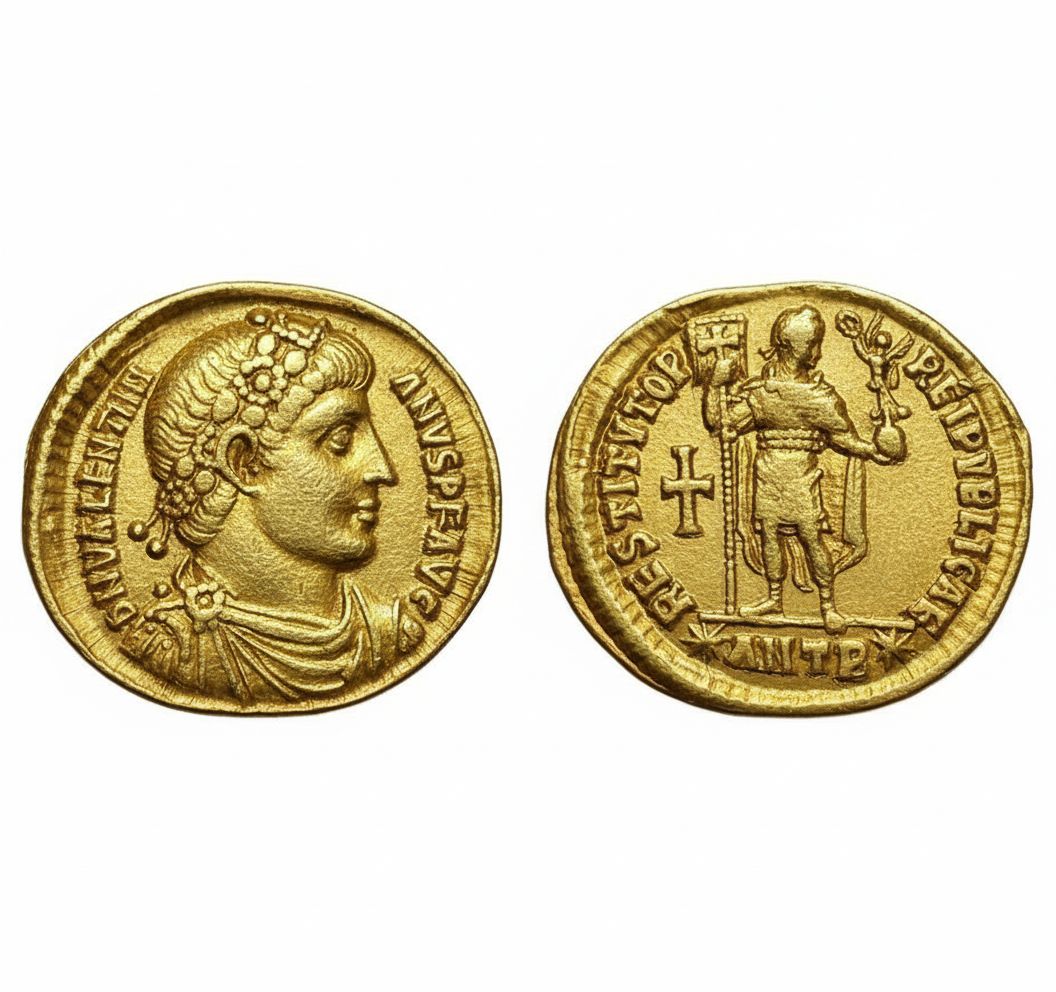 Un solidus en or à l'effigie de l'empereur romain Valens, frappé à l'atelier de monnayage d'Antioche entre 364 et 367 de notre ère, offre un lien tangible avec une période mouvementée de l'histoire romaine. Cette monnaie particulière, avec son revers "RESTITVTOR REIPVBLICAE" (Le Restaurateur de la République), porte un puissant message de propagande impériale, visant à projeter une image de stabilité et de renouveau à une époque de pressions internes et externes importantes