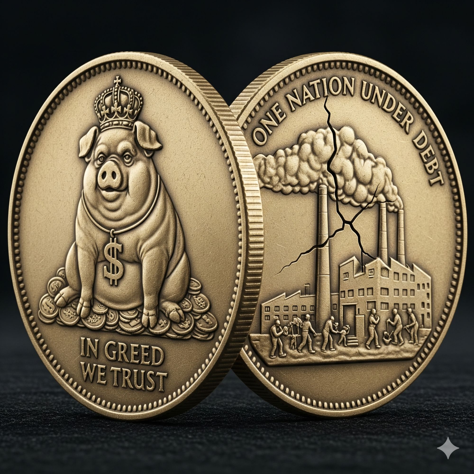 Voici une pièce de monnaie satirique cette image a été générée par lia un cochon In greed we trust et une nation sous la dette