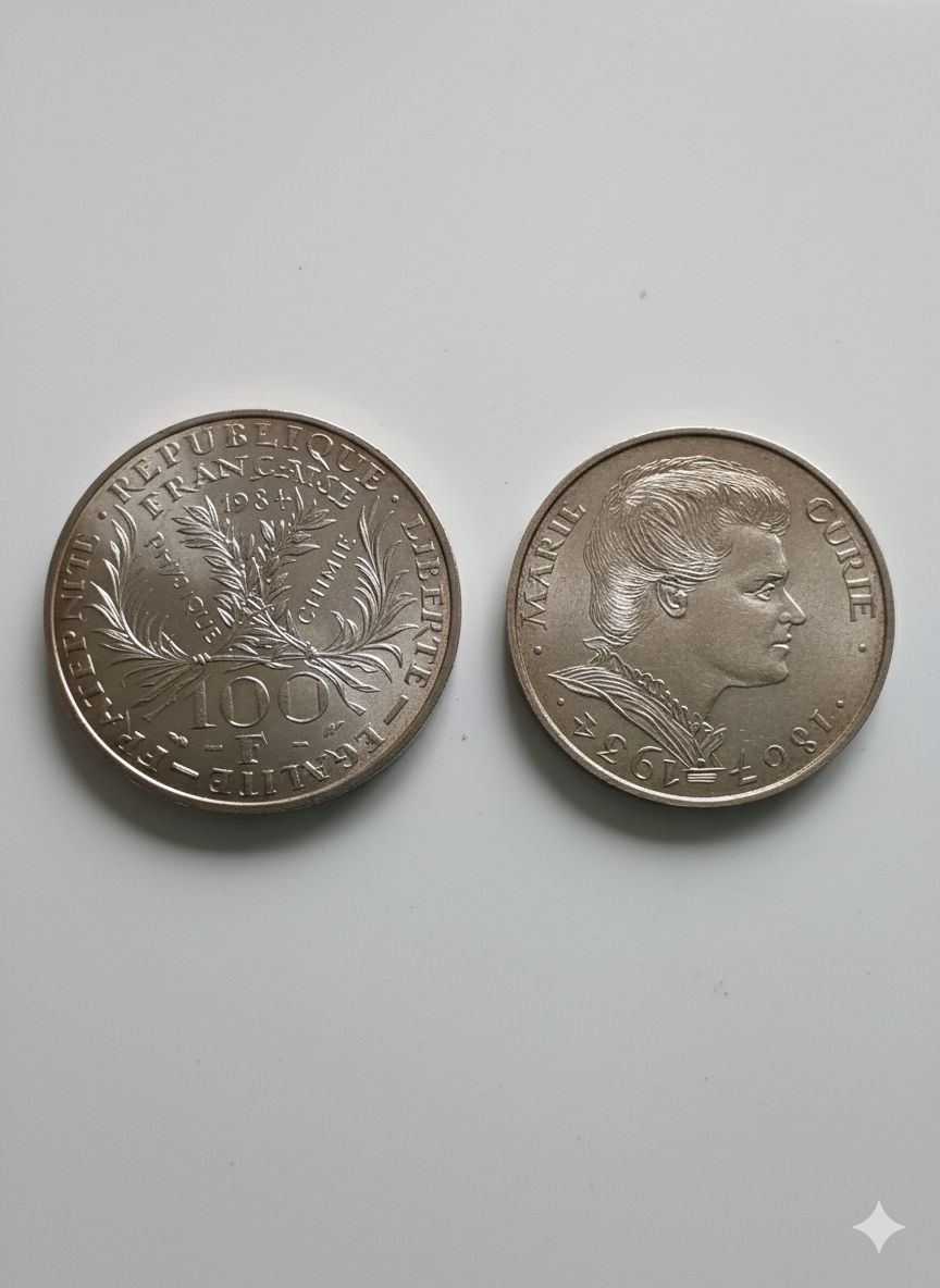 La pièce française de 100 francs Marie Curie de 1984 est en argent 900‰, pèse 15 grammes et mesure 31 mm de diamètre. Sa valeur dépend de son état, allant généralement de 15 € à 40 € ou plus pour les exemplaires en très bon état (FDC).