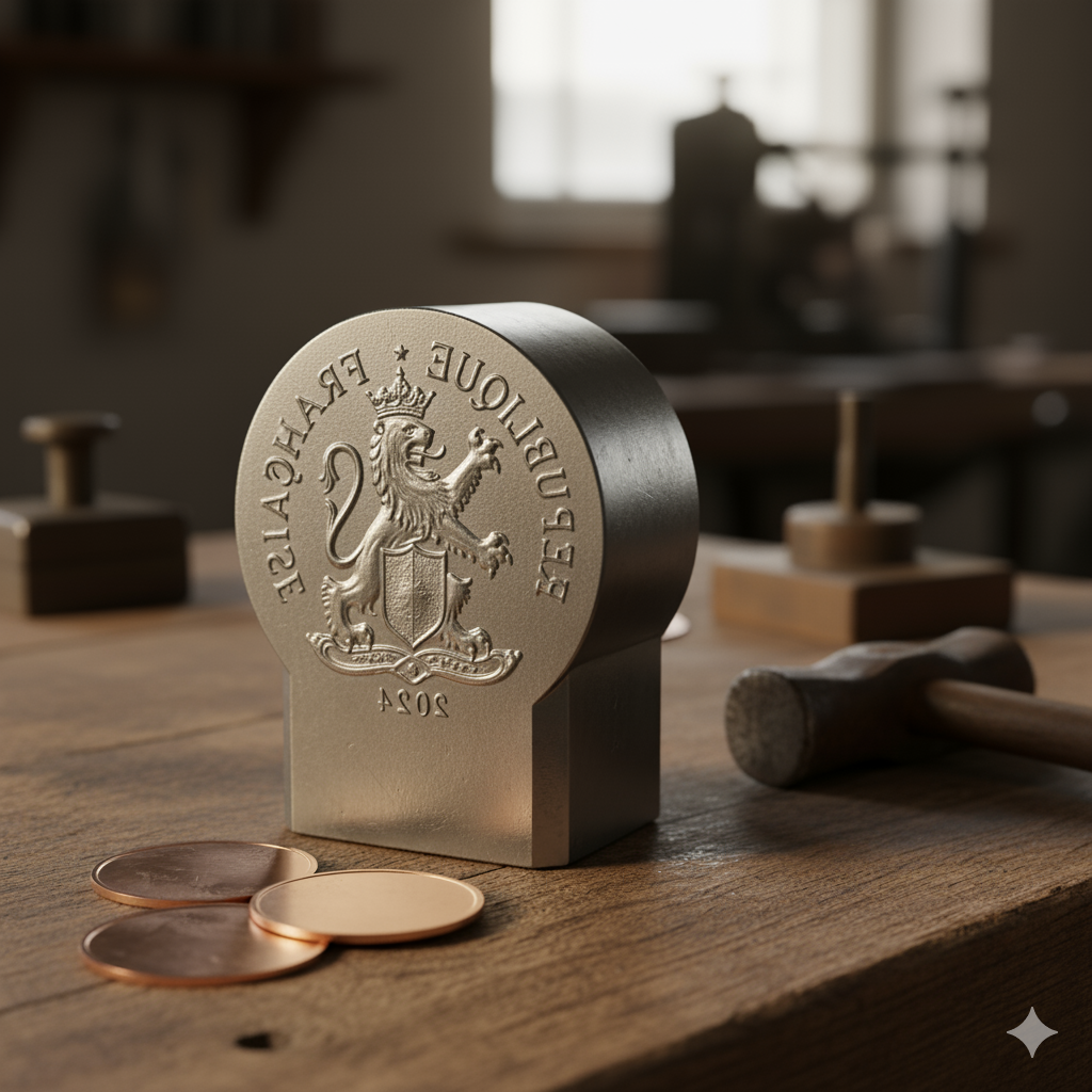 Le coin est l'outil cylindrique en acier qui frappe la pièce : il porte en creux (négatif) le motif pour créer le relief sur le flan.