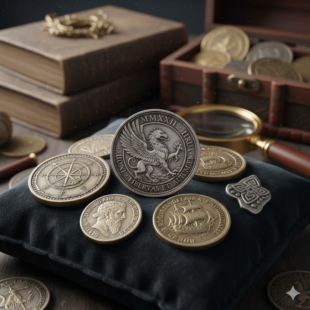 Collection de pièces de monnaie sur un coussin noir avec au fond une loupe et des livres une pièce de monnaie en argent en cuivre en laiton en or un cachet un jeton un poinçon et une pièce de monnaie satirique et une commémorative