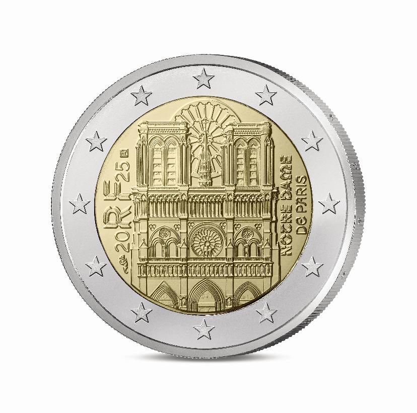 La face de cette monnaie représente une mise en volume de la façade ouest de la cathédrale, avec sa rosace qui émerge entre les deux tours. Le logo officiel de Notre-Dame de Paris apparait également contre le listel.